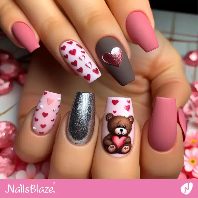 Matte Nails with Hearts and Teddy Design | Valentine Nails - NB2410